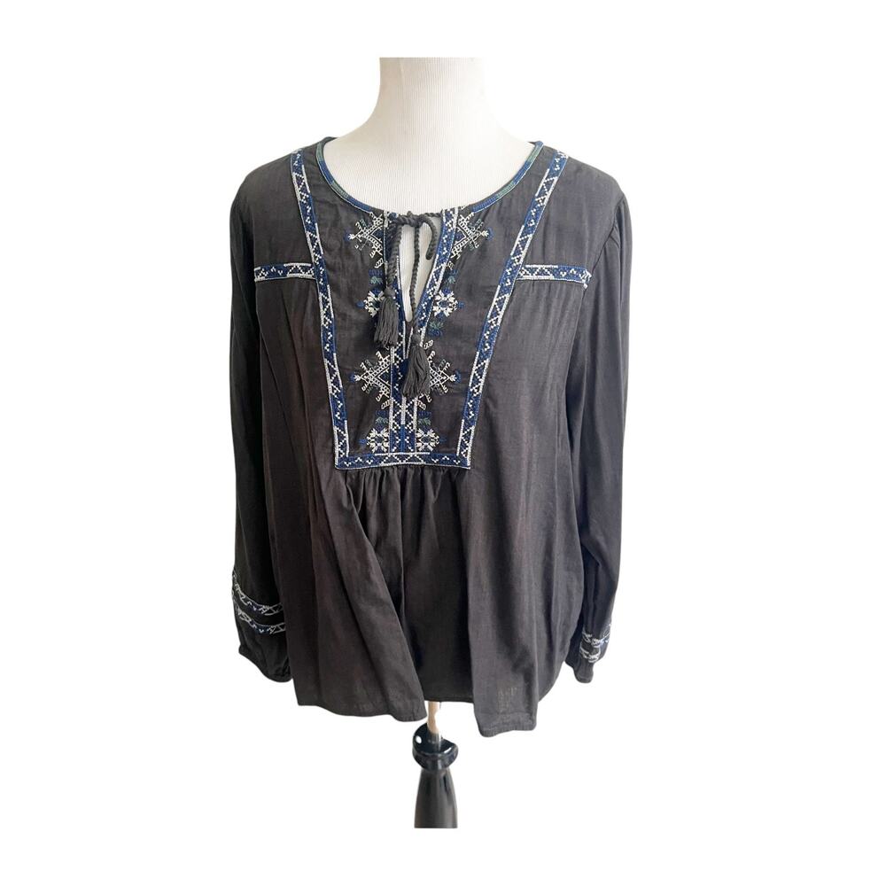 Lucky Brand Blouse Women's 2XL Gray Pleated Embroidered Tassel Front Bohemian